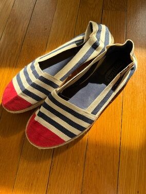 Striped Canvas Espadrille Flats - Navy, Cream & Red